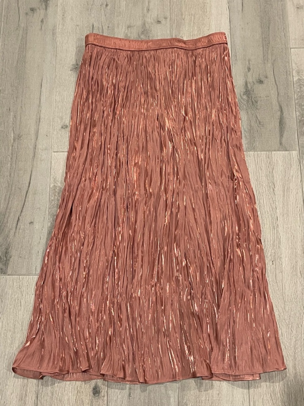 Zara Metallic Pleated Midi Skirt Rose Pink Shimmer Flowy Size L - Picture 7 of 8